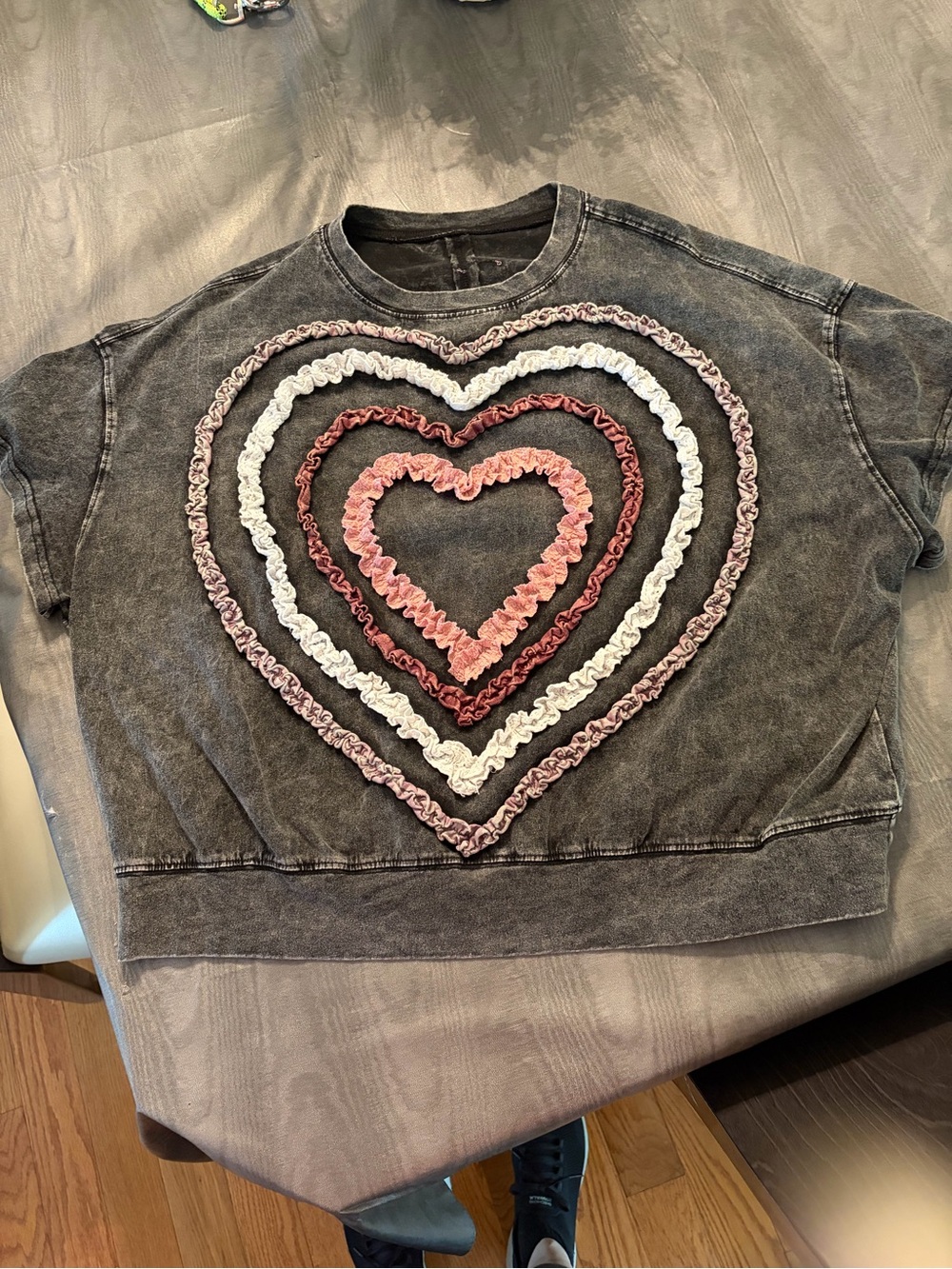 Washed Black Short-Sleeve Heart Ruffle Tee - Layered Pink & White Detail - Picture 2 of 5